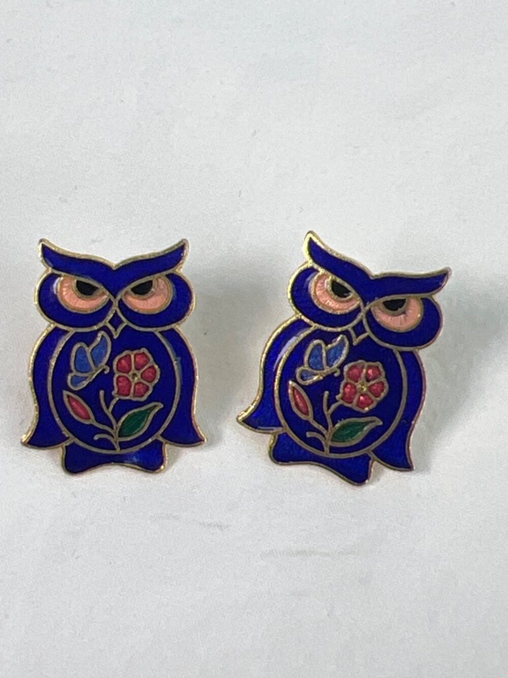 VTG Cloisonne Enamel Owl Earrings With Floral Design Gold-Tone Stud